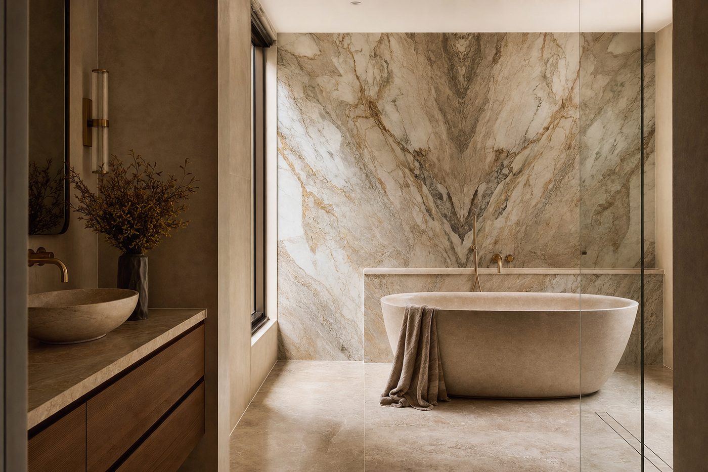 Renovated bathroom in book-matched marble