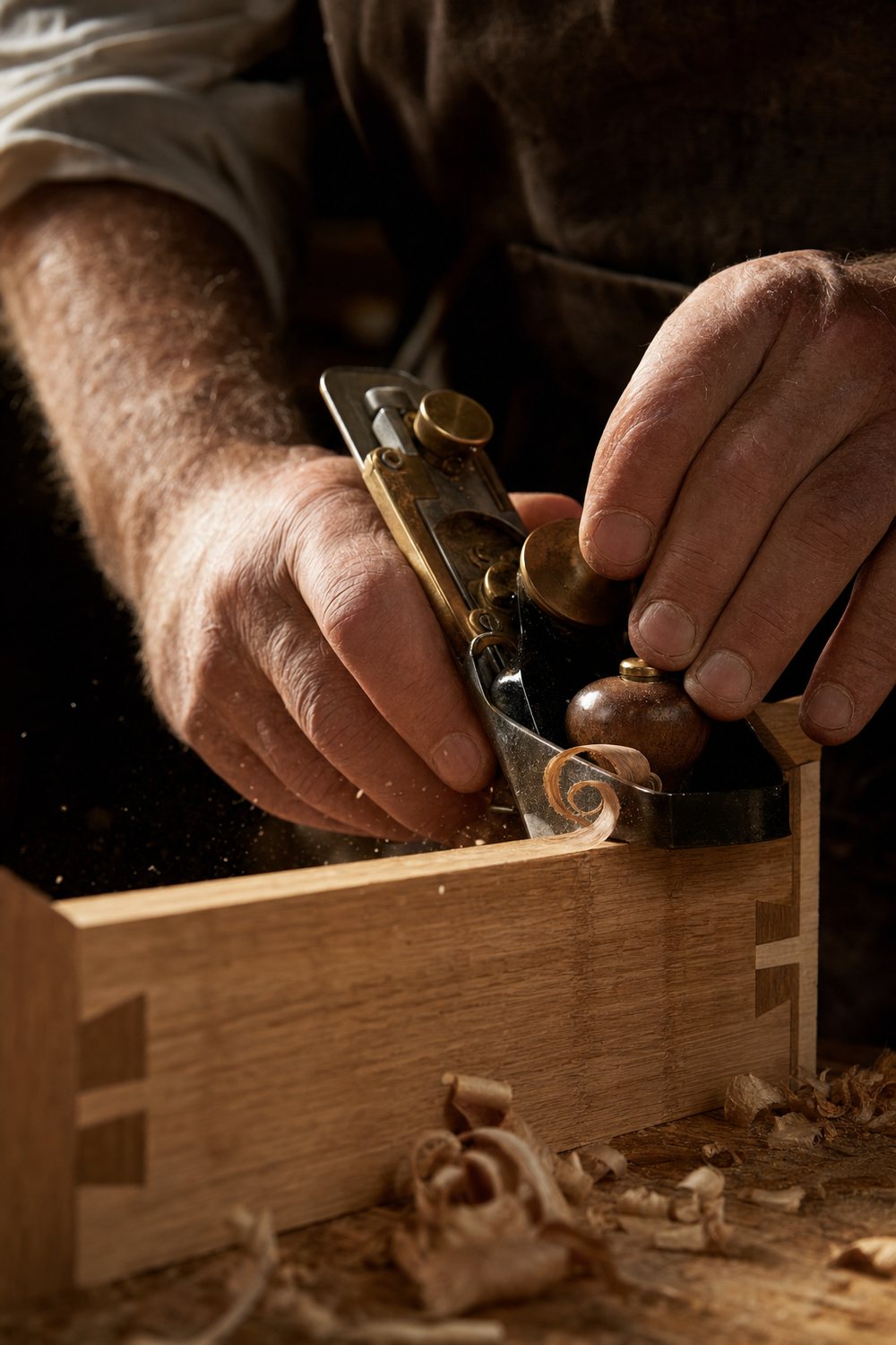 Craftsman hand-planing fine oak joinery